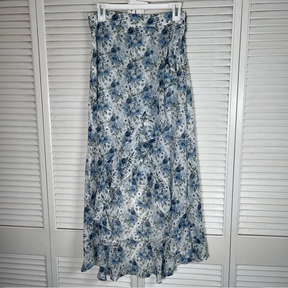 Mi Ami Blue Floral High-Low Skirt‎ S Side Zip Romantic Flow Boho